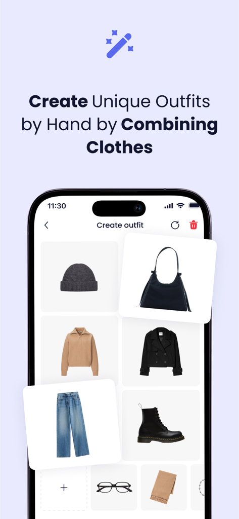 Smart Outfit: AI Stylist - Interface of the Smart Outfit app showing a grid of clothes and accessories used to create unique outfits