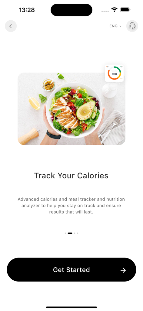 V-SHAPE - في شيب - Screenshot of V-SHAPE app highlighting the calorie tracking feature with a healthy meal photo