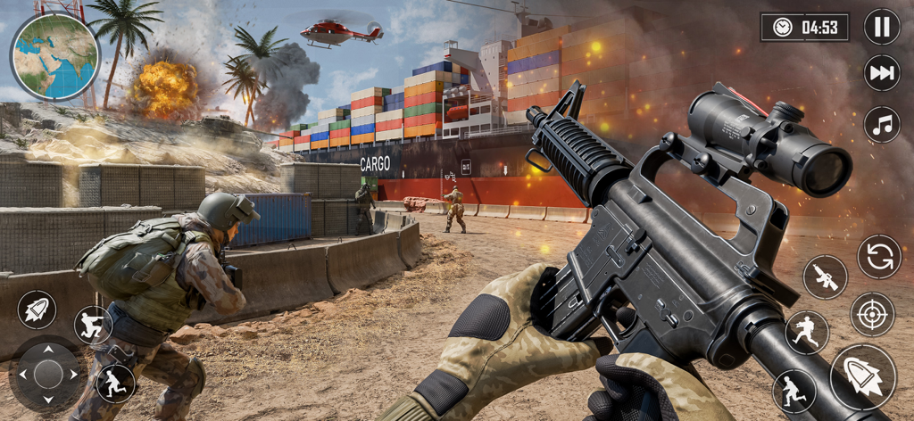 First person shooter gameplay in Gun Strike PvP Battle-Shooting with assault rifle and battlefield explosions