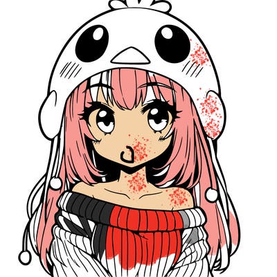 anime girl with chick shaped hat with sweater with bare shoulders with bangs covering them one eye with low tail