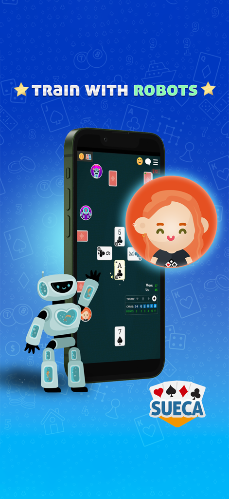 Mobile screen showing a Sueca card game match against a robot opponent