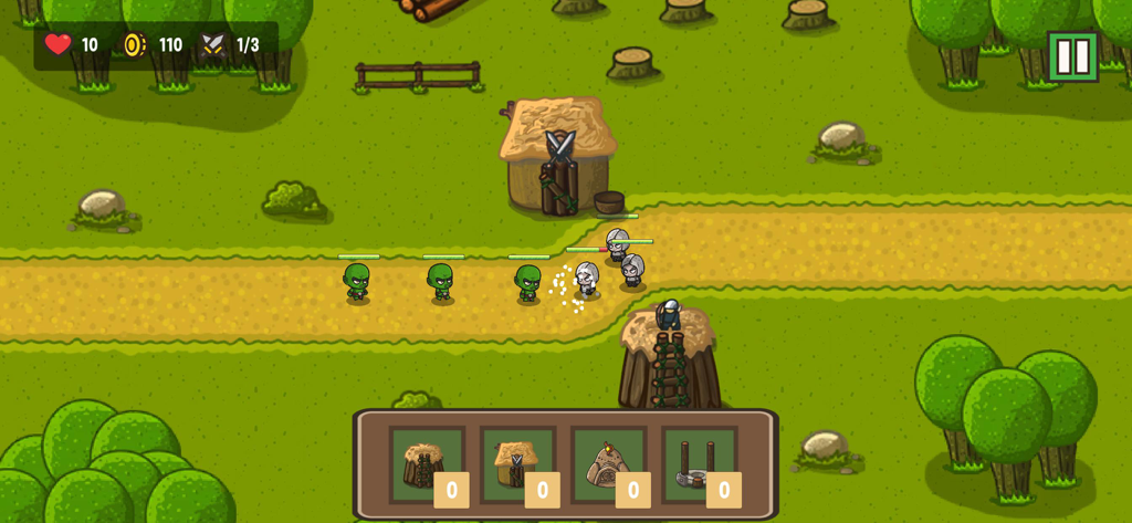 Tower Rush 2D - Gameplay screenshot of Tower Rush 2D showing towers defending a path against waves of goblin enemies.