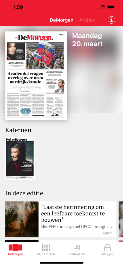 De Morgen Print Editie - De Morgen Print Editie mobile app interface showing the digital newspaper front page