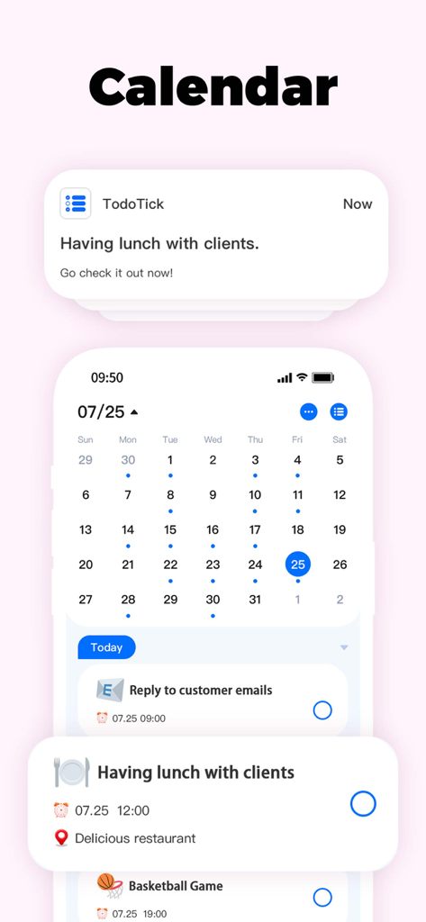 Aplicación móvil TodoTick que muestra un calendario mensual y una lista de tareas diarias con recordatorios programados