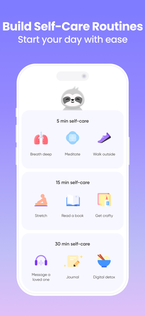 ADHD Coach & Planner - Sunrise - Interfaccia dell'app Sunrise che mostra opzioni di routine di auto-cura temporizzate, tra cui meditazione e journaling.