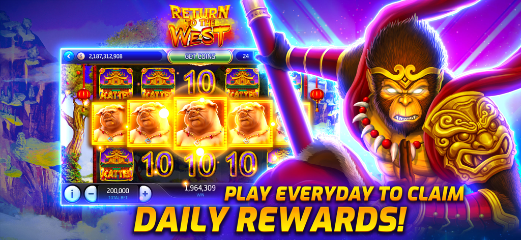 Jackpot Zoo™ Slots Casino Game - Jackpot Zoo Slots game interface featuring an oriental theme with a monkey king character and daily rewards text
