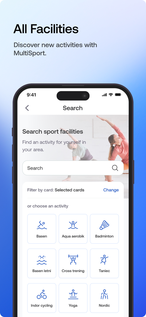 Interfaccia di ricerca dell'app MultiSport per scoprire strutture e attività sportive