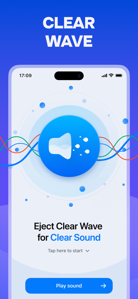 Clear Wave app interface showing the speaker cleaning and water ejection feature