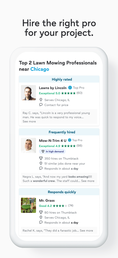 Thumbtack: Home Service Pros - Thumbtack app screen showing local lawn mowing professionals in Chicago with ratings and user reviews
