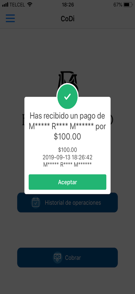 CoDi Banxico -solo para cobrar - Successful payment confirmation notification in the CoDi Banxico app showing a received amount of one hundred pesos.