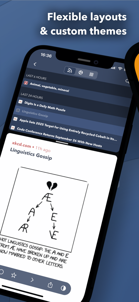 Fiery Feeds: News Reader - Fiery Feeds news reader app interface showing flexible layouts and custom dark themes on an iPhone with an xkcd comic strip