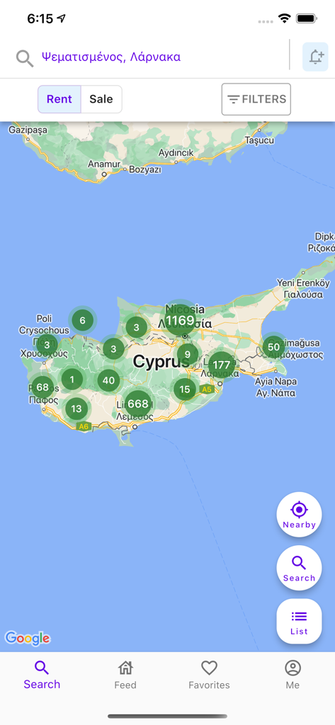 Homy - Mapa interactivo de Chipre que muestra aglomeraciones de propiedades inmobiliarias en alquiler y venta en la aplicación Homy