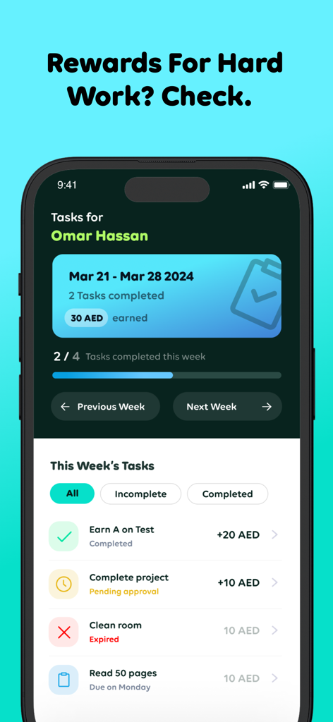 Leap - Youth Financial App - A mobile app interface from Leap showing a list of weekly tasks for children to earn money for chores and school work.