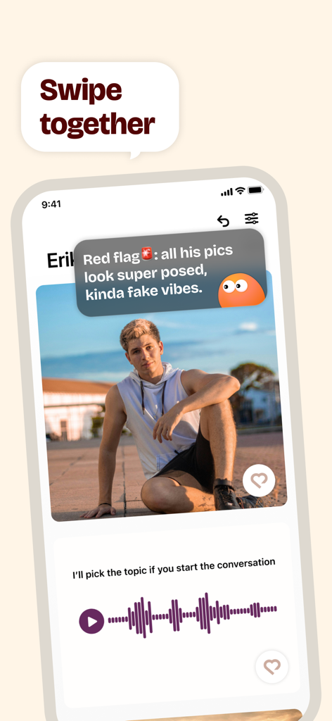 Bro - lockscreen buddy - Interface of the Bro app showing an AI buddy giving feedback on a dating profile with a red flag alert.