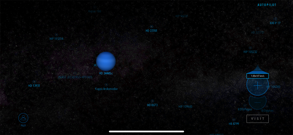 Cosmic Atlas pilot mode interface displaying the blue exoplanet HD 34445 c and labeled star systems in deep space