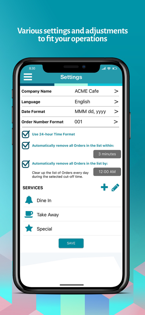 Écran des paramètres de l'application OrderReady montrant les options de configuration pour le nom de l'entreprise, la langue et la gestion des commandes