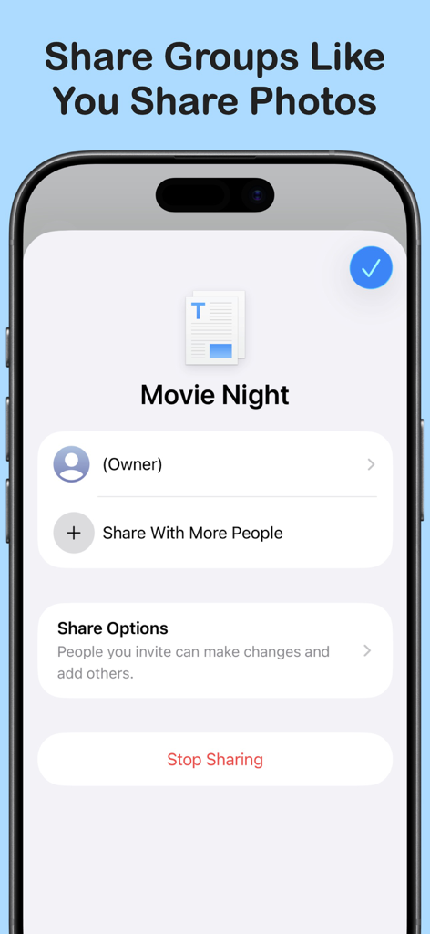 Settle Up - Expense Split - Interfaz de la aplicación Settle Up que muestra opciones para compartir un grupo de gastos de noche de cine con otros.