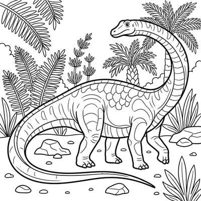 Embark on a prehistoric adventure with this detailed Diplodocus coloring page. Bring this iconic long-necked dinosaur and its ancient habitat to life with your favorite colors.