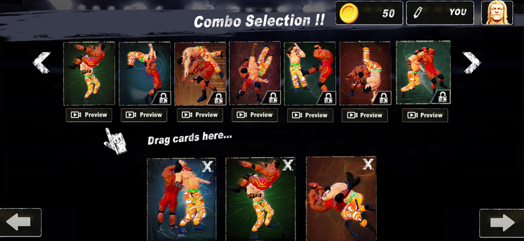 PRO Wrestling : Super Fight 3D - A screen showing various wrestling move combo cards and a selection area in the PRO Wrestling Super Fight 3D mobile game.