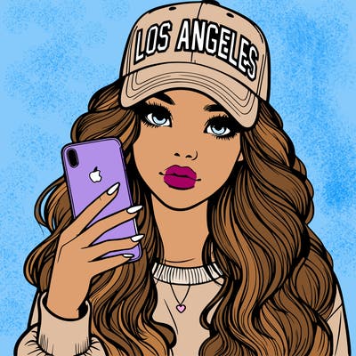 realistic beautiful girl wearing los ángeles cap holding an iphone