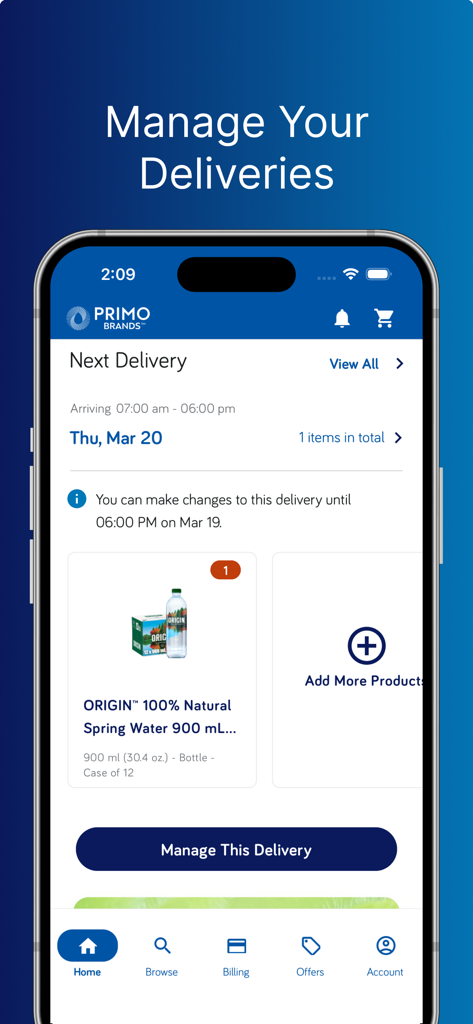 ReadyRefresh app interface showing scheduled water delivery details and the option to manage upcoming orders
