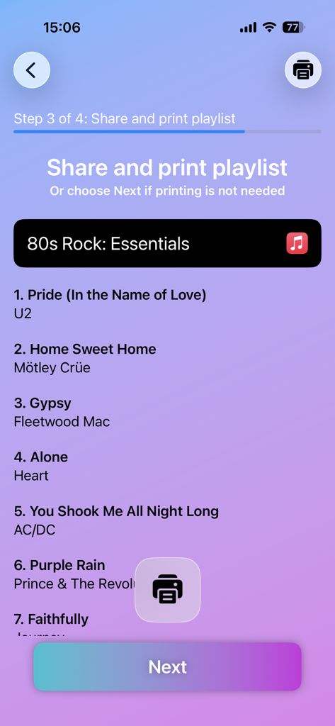 Interfaz de la aplicación Song Bingo que muestra una lista de canciones de rock de los 80 con opciones para compartir e imprimir la lista de reproducción.