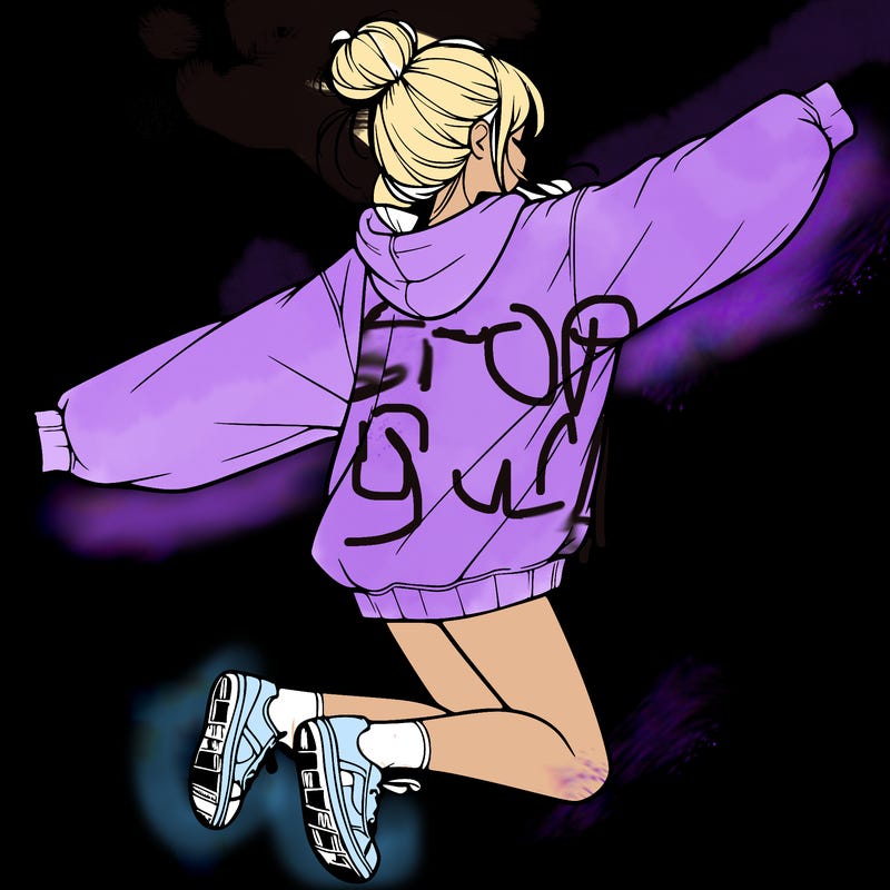 realistic girl jumping with a bun and oversized sweatshirt