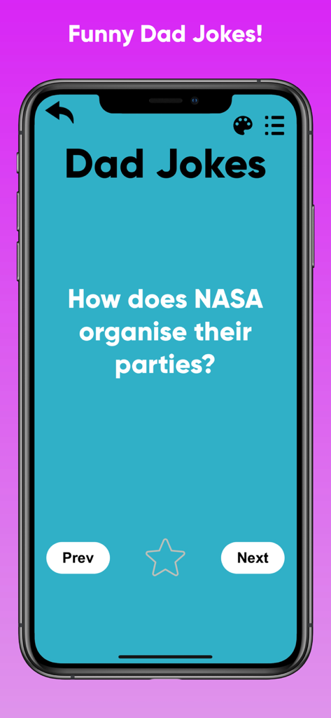 스마트폰 화면에 Dad Jokes Collection 앱의 NASA 농담 표시