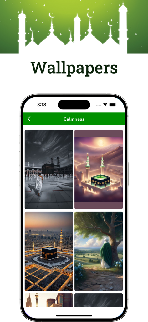 Azerbaijani Quran - Interface of the Azerbaijani Quran app showing a selection of Islamic-themed mobile wallpapers featuring the Kaaba and spiritual imagery.