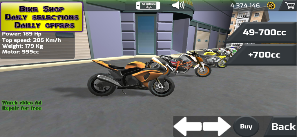 Drag Bike Racing: Nitro Wars - Drag Bike Racing Nitro Warsのガレージショップで、高出力スポーツバイクを選択している。