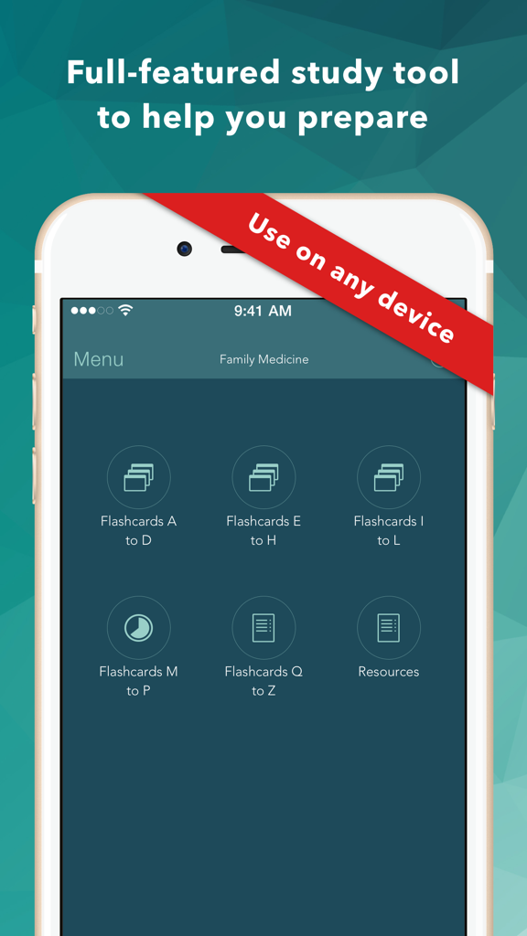 A mobile app interface for family medicine exam prep displaying alphabetical flashcard sets and a resources section.