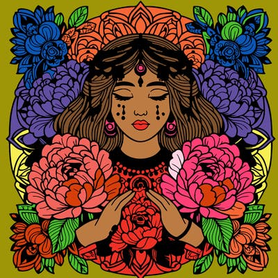 complex mandala indian woman with peonies and roses