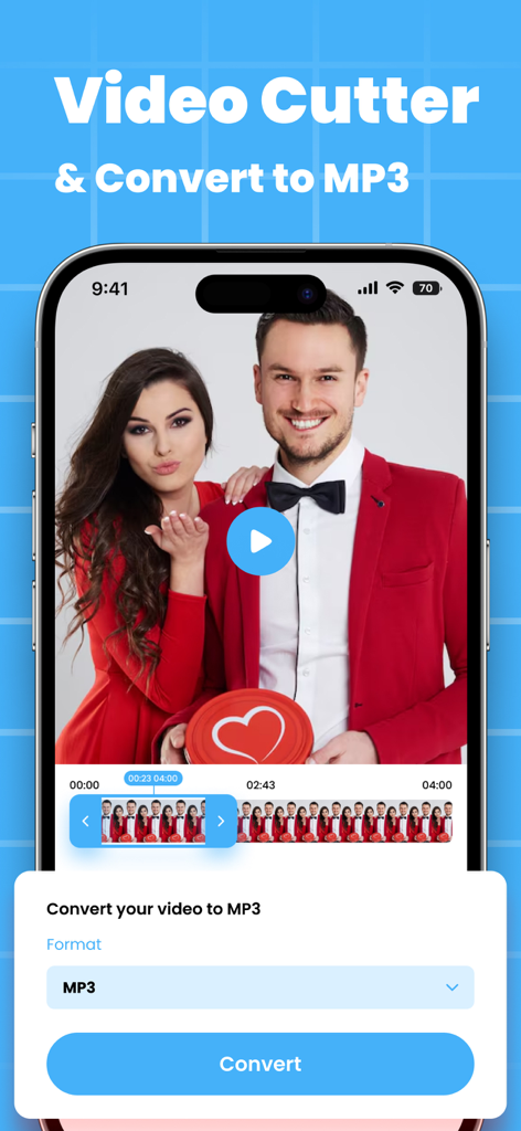 Interfaz de la aplicación MA Player que muestra funciones de cortador de video y conversión a MP3 en un iPhone
