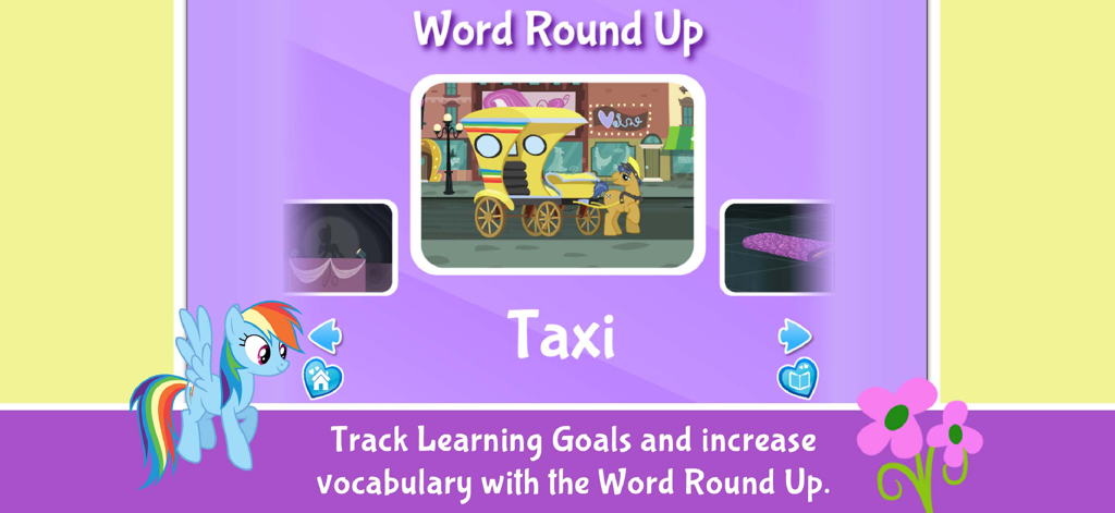 My Little Pony: Rarity Chic - A screenshot of the Word Round Up feature in My Little Pony Rarity Chic showing the vocabulary word Taxi with a pony-drawn carriage illustration and Rainbow Dash.