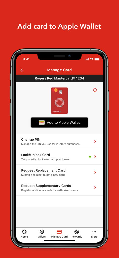 Interface do aplicativo Rogers Bank mostrando opções de gerenciamento de cartão e integração com a Apple Wallet