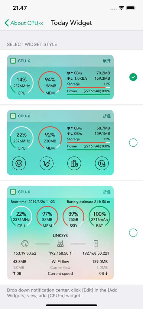 CPU-x app selection screen for iOS Today Widgets displaying real-time system and hardware performance data