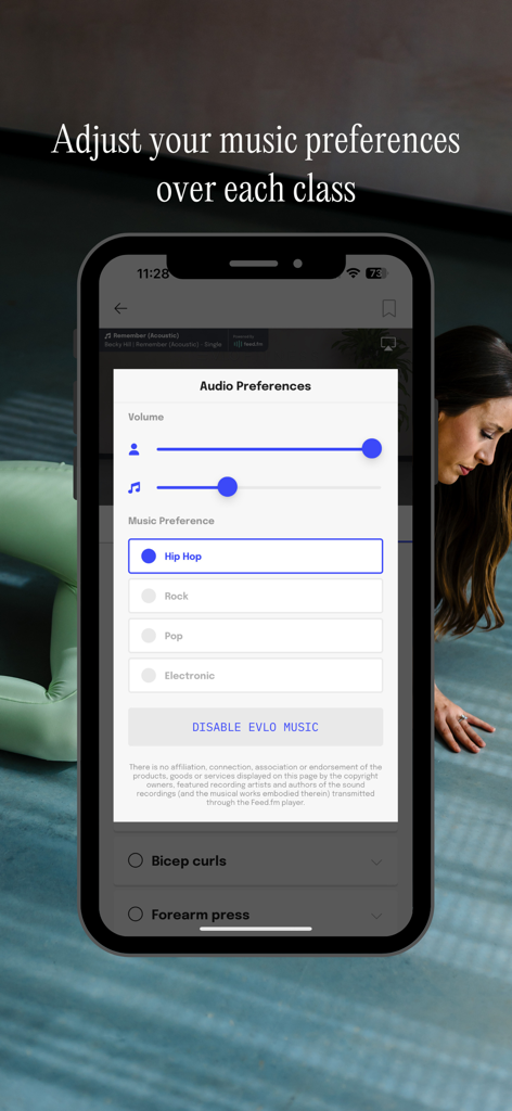 Evlo Fitness - Music and volume preference settings in the Evlo Fitness app