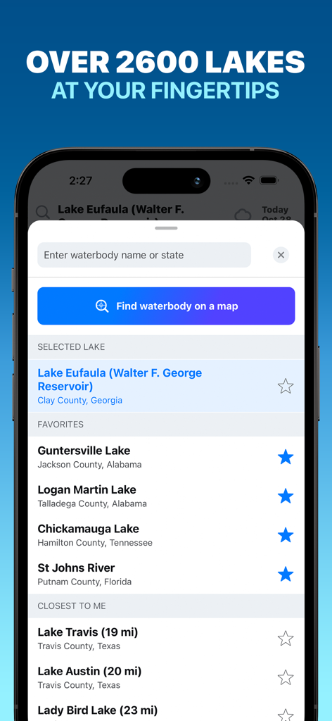 Deep Dive app screen showing the search and selection tool for over 2600 fishing lakes