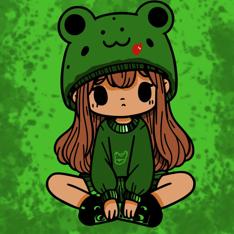 a girl wearing a frog hat and some frog socks