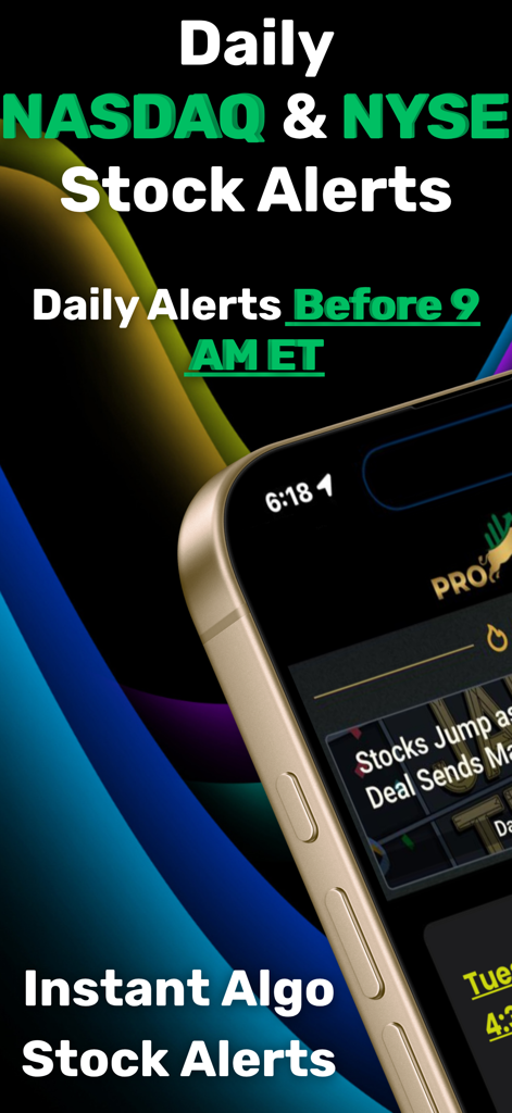 Pro Ticker Signals - Pro Ticker Signals app interface showing daily NASDAQ and NYSE stock alerts before market open