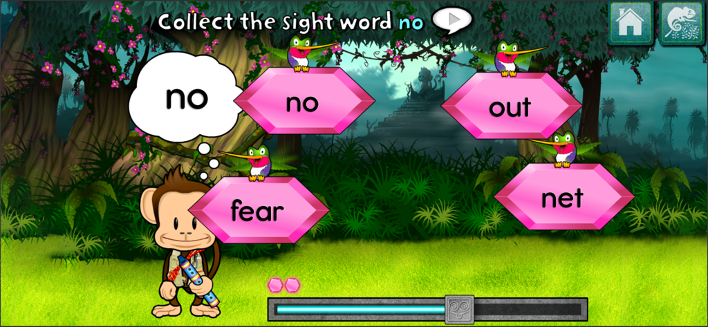 Il personaggio scimmia Milo in un gioco di apprendimento di parole di uso frequente con uccelli colorati e gemme in un ambiente giungla