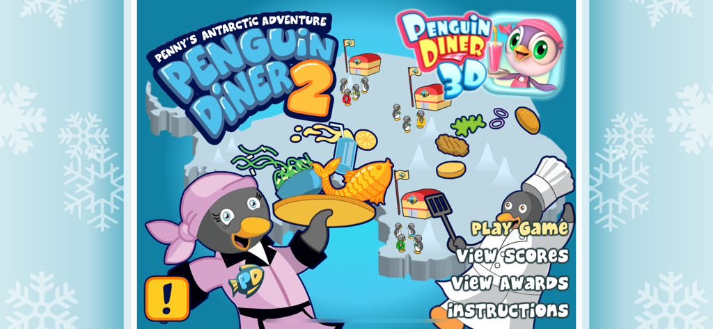 Menú principal del juego Penguin Diner 2 con Penny la pingüino camarera y un chef pingüino en la Antártida