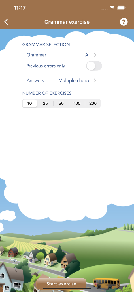 French Class - Setup screen for a French grammar exercise with options for topics and question count.
