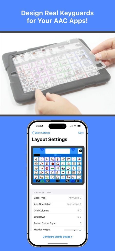 Keyguard Designer - Una persona colocando un keyguard físico en un iPad y un smartphone mostrando la configuración del diseño de Keyguard Designer.