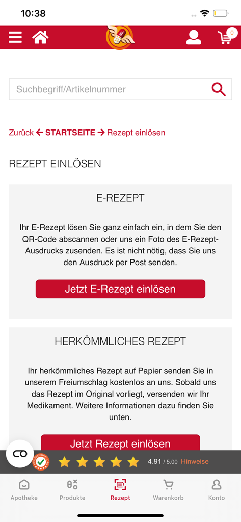 Fliegende-Pillen.de Apotheke - Oberfläche der Fliegende-Pillen-App zum Einlösen von elektronischen und herkömmlichen Rezepten