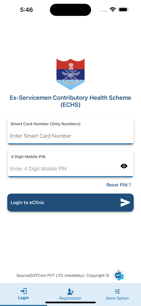 Login screen of the ECHS Beneficiary app showing input fields for smart card number and mobile PIN