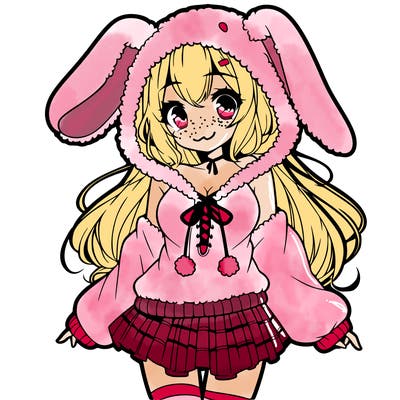 pretty anime girl wearing a fluffy hoodie with bunny ears on the hood and a skirt