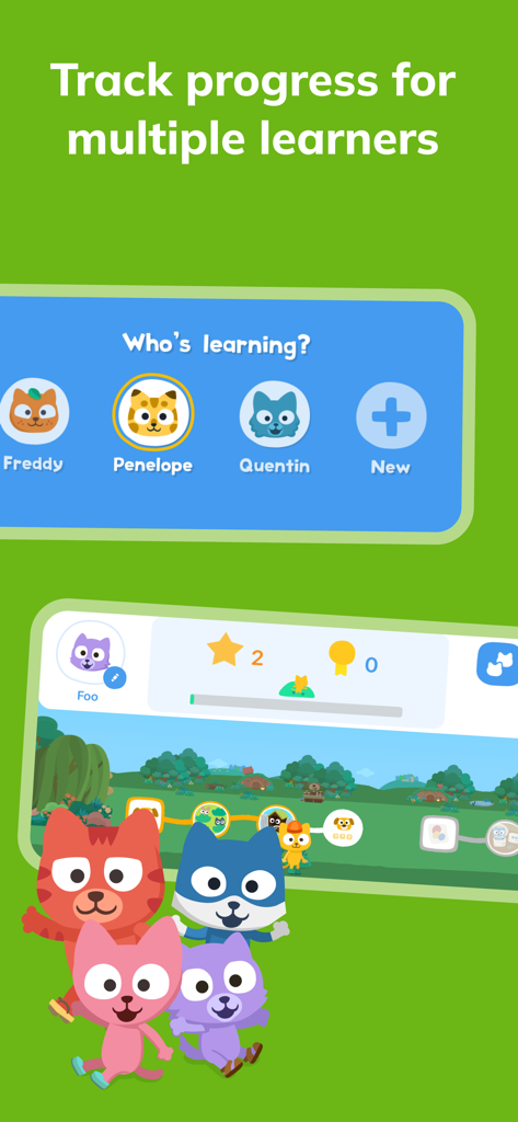 Tela do aplicativo Studycat mostrando múltiplos perfis infantis e acompanhamento de progresso para aprender chinês