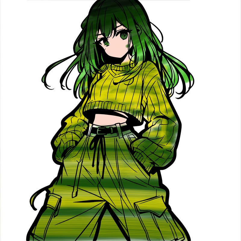 anime teen girl with baggy pants and crop top with sweater