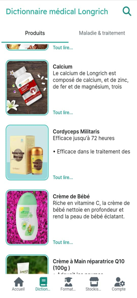 Longrich connect PRO - Interface of the Longrich connect PRO app showing a detailed product dictionary with health and beauty items like Calcium and Cordyceps.